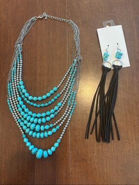 Turquoise Multi-Strand Beaded Necklace with Matching Turquoise Accent Earrings